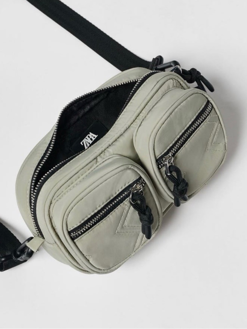 ZARA Sage Green Double Pocket Crossbody Bag with Black Strap